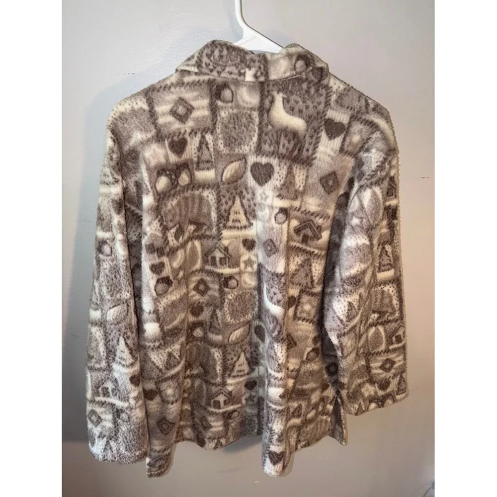 Teddi Vintage Fleece Button Up Cardigan Jacket Taupe Geometric Novelty Print L